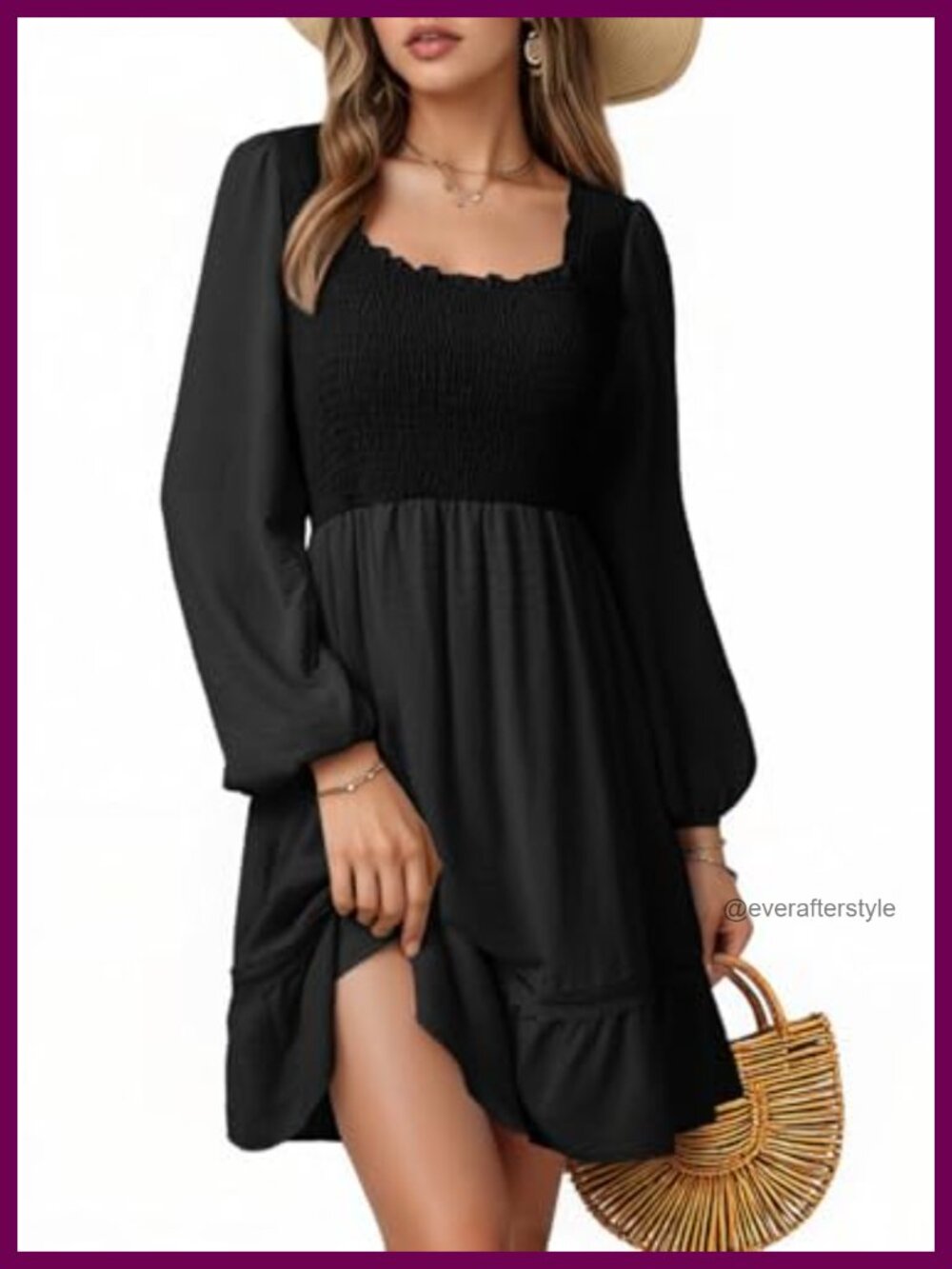 Square Neck Smocked Mini Dress Long Lantern Sleeve Tiered Ruffle